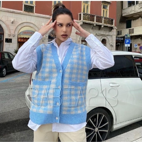 ZARA BLOGGER’S Favourite PLAID CHECK KNIT VEST With RHINESTONE BUTTONS S - Picture 5 of 16